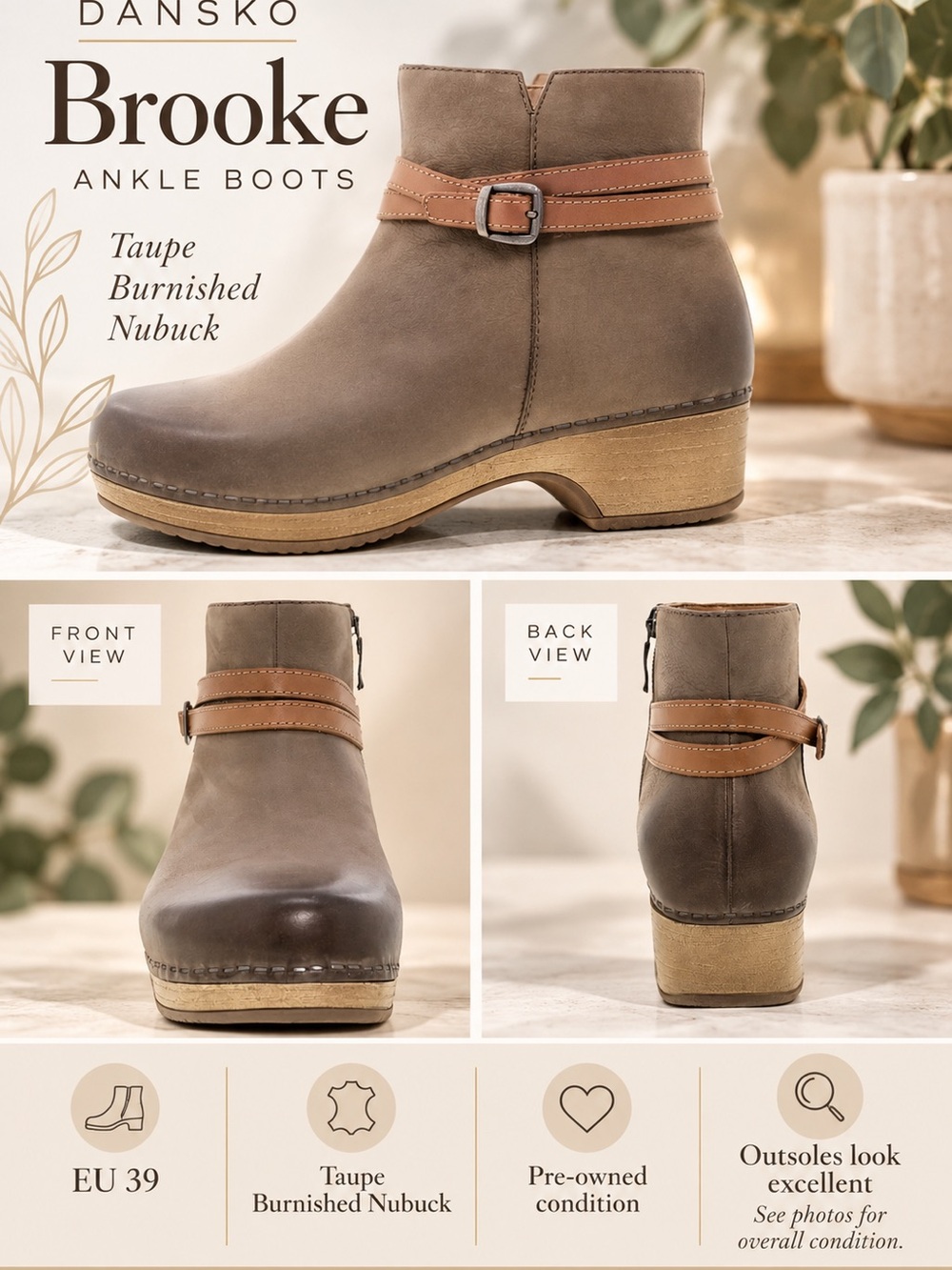 Dansko Brooke Ankle Boots — Taupe Burnished Nubuck — EU 39